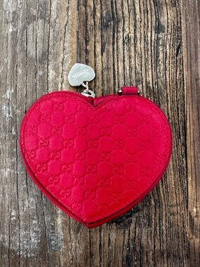 Gucci red Heart Coin Pouch with gold Heart Charm